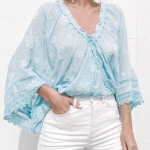 Free People Love Somebody Gauze
Embroidered Top in Misty Morning Blue
